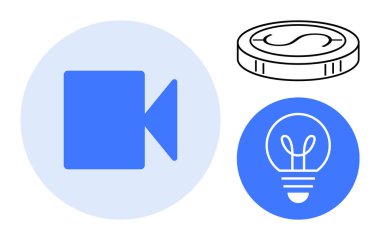 Kamera sembolü, ana hatlı para ve dairelerin içinde ampul grafiği. Teknoloji, yaratıcılık, finans, yenilik, işbirliği pazarlama sektörü için idealdir. Basit bir iniş sayfası için mükemmel