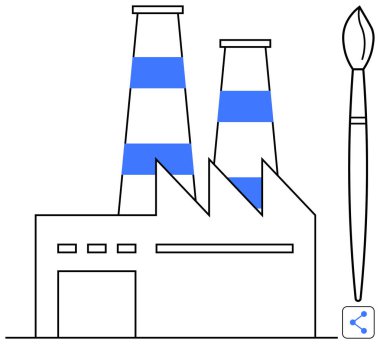 Boya fırçasının yanında iki çizgili bacası olan bir fabrika binası. Endüstri, yaratıcılık, yenilik, tasarım, üretim, imalat, sürdürülebilirlik için ideal, basit iniş sayfası
