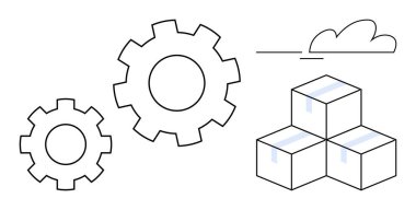 Birbirine kenetlenmiş vitesler, istiflenmiş kutular ve bir bulutun yanında. Basit bir düz metaforda lojistik, takım çalışması, işlem optimizasyonu, otomasyon, depolama, yenilik ve tedarik zinciri için ideal