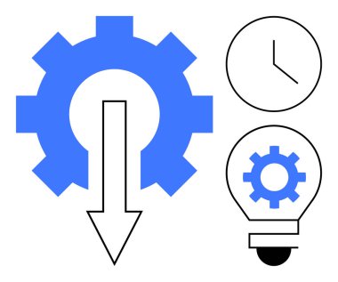 Aşağı doğru ok, saat ve ampulle donanım verimliliği, zaman yönetimini ve yenilikçi düşünceyi sembolize eder. Üretkenlik, iş akışı, mühendislik, fikirler, problem çözme işi için ideal