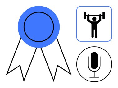 Kurdeleli mavi madalya, halter ikonu ve başarıyı, zindeliği ve iletişimi vurgulayan mikrofon grafiği. Motivasyon, sağlık, podcast ve tanınma ödülleri için ideal spor sade