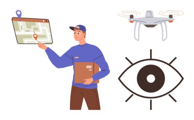 Elinde bir teslimat kutusu olan kişi dijital bir haritaya bakıyor ve yanında bir dron ve takip eden göz grafiği var. Lojistik, dağıtım, teknoloji, izleme, otomasyon, GPS için ideal