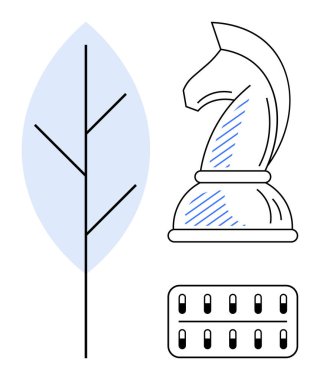 Cesur çizgileri olan satranç şövalyesi, soyut yaprak dalı ve kavramsal strateji, hesaplama ve sürdürülebilirlik temalarını hizalayan hesap makinesi paneli. Mantık, planlama, karar verme, büyüme için ideal