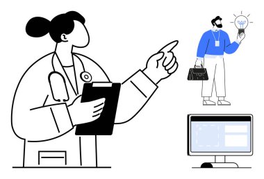 Kadın doktor elinde bir pano tutuyor ve ampulü olan bir adamı işaret ediyor. Yaratıcılığı, yeniliği ve takım çalışmasını simgeliyor. Bilgisayar ekranı teknoloji ve iletişim ekliyor. Sağlık için ideal