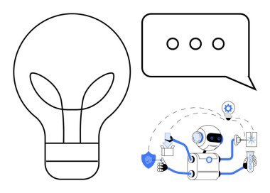 Robot eko-temalı simgelerle etkileşime girerek ampul ve dişlileri paraflıyor, yenilik, yapay zeka ve sürdürülebilirliği simgeliyor. Teknoloji, yapay zeka, yenilik, enerji, ekoloji eğitimi için ideal gelecek