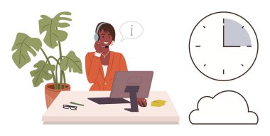 Gülümseyen ajan masadaki aramalara bilgisayar, saat, bitki ve bulutla cevap veriyor. Müşteri bakımı, iletişim, ulaşılabilirlik, zaman yönetimi uzaktan kumandalı iş dünyası takım çalışması için ideal. Modern basit