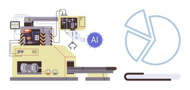Yüksek teknoloji üretim makinesi, yapay zeka göstergesi, veri bağlantıları ve bir pasta grafiği. Endüstri, teknoloji, veri bilimi, yapay zeka üretim verimliliği ve yenilik için ideal. Basit düz metafor