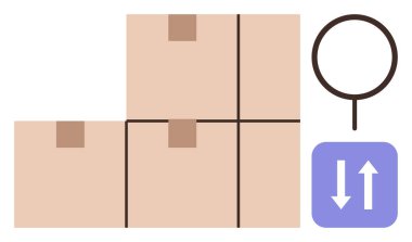 Üzerinde büyüteç ve iki oklu lojistik etiketi olan üç karton kutu. Nakliye, teslimat, envanter, tedarik zinciri, e-ticaret, ambalaj, organizasyon için ideal. Basit bir daire.