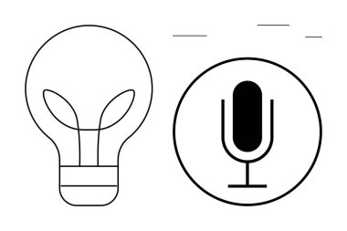 Fikirleri ve yaratıcılığı sembolize eden ampul iletişimi ve sesi vurgulayan bir mikrofon eşleştirildi. Yenilik için ideal, beyin fırtınası, konuşmalar, podcastlar, teknoloji, eğitim, basit