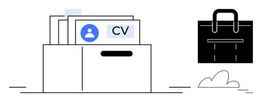 Dosyalar siyah bir evrak çantasının yanında açık bir kutuda duruyor. İşe alım, iş arama, işe alım, kariyer büyümesi, İK yönetimi, belge sıralama, basit düz metafor