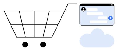 Canlı sohbet arayüzü ve bulut simgesine sahip alışveriş arabası e-ticaret, kullanıcı desteği ve bütünleşmeyi vurguluyor. Dijital ticaret, destek sistemleri, bulut hizmetleri, müşteri hizmetleri, perakende, UXUI için ideal