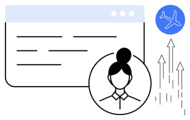 Tarayıcı penceresi, kadın avatarı, uçak ikonu, yükselen oklar. Seyahat, profesyonel büyüme, navigasyon, dijital kimlik kullanıcı profili için ideal küresel ulaşım. Basit düz metafor