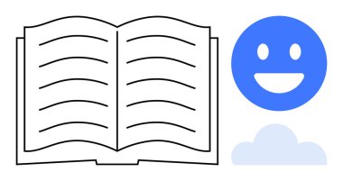 Açık bir kitap, görünür çizgiler ve açık mavi bir bulutun üzerinde gülümseyen mavi bir yüz. Eğitim, bilgi paylaşımı, yaratıcılık, pozitiflik, çevrimiçi öğrenme, yenilik ve basit iniş sayfası için ideal