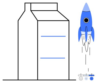 Büyük süt kutusu ve mavi roket fırlatması yenilik, yan yana gelme ve büyüme göstergesidir. Mutlu yüz ölçer değerlendirmeyi öneriyor. Yaratıcılık, arzu, keşif, büyüme için ideal