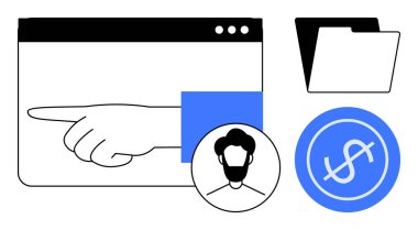 İşaret eli, kullanıcı profili simgesi, dosya klasörü ve dolar parası olan tarayıcı penceresi. Finans, dosya yönetimi, dijital araçlar, kullanıcı etkileşimi, navigasyon verimliliği modern düz konsept için ideal