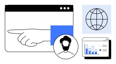 Bir tarayıcı çerçevesi, dünya temsili, kullanıcı profili avatarı, bar çizelgesi analizleri. Teknoloji, veri, dijital iletişim, kullanıcı arayüzü, navigasyon küreselleşmesi için ideal