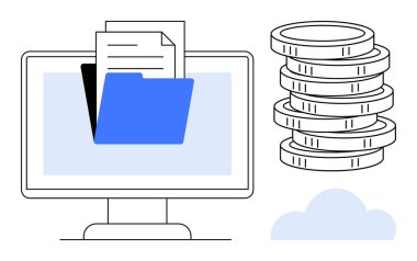 Bilgisayar monitörü mavi klasörü belgelerle gösteriyor, madeni değerleri sembolize eden bozuk paralar yığıyor ve bulut. Veri depolama, dosya paylaşımı, bulut hesaplama, finans, dijital organizasyon için ideal