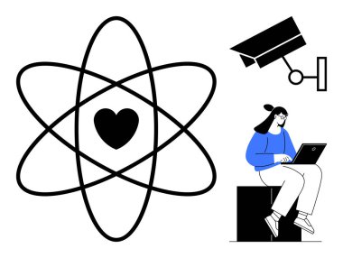 Kalbi olan bir atom, empati ile bilimsel ilerlemeyi, güvenlik kamerasını ve modern teknolojiyi gösteren bir dizüstü bilgisayar kullanan bir kadını sembolize eder. Yenilik ve teknoloji için ideal