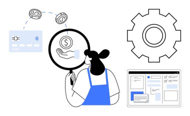 Kadın, büyüteç, kredi kartı, ayar teçhizatı, madeni paralar ve arayüzle birlikte parasal işlemleri büyüteçle izliyor. Finans, teknoloji, analiz, yenilikçi iş yönetimi için ideal