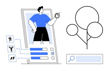 Fitness izleme arayüzü, egzersiz simgeleri, veri çubukları, dairesel ağaç diyagramı ve arama aracıyla mobil ekrandan bir adam çıkıyor. Fitness, uygulama UI, teknoloji, sağlık kendini geliştirme için ideal