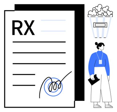 İmzalı bir RX reçete formu, patlamış mısır kutusu ve elinde klasör tutan kimlik kartı olan kadın çalışan. Sağlık, yönetim, mola, yaşam tarzı, iş-yaşam dengesi, organizasyon için ideal