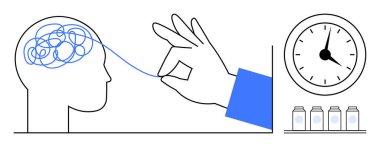 Beyin dolambaçlı bir çizgiyi çözme zamanı sembolize eden saat, yakınlardaki küçük kavanozlar. Zihinsel berraklık, terapi, problem çözme, odaklanma, farkındalık üretkenlik stratejisi için idealdir. Basit düz