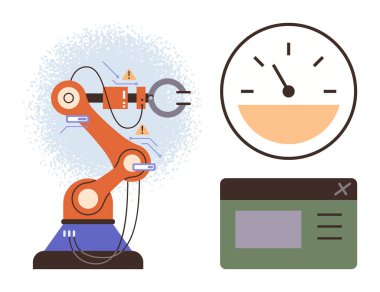 Görünür kablolu otomatik robot kolu, kontrol paneli arayüzü ve hız göstergesi. Otomasyon için ideal, robotik, imalat, mühendislik, teknoloji, yenilik için basit düz metafor