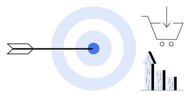 Ok, çemberlerle çevrili, aşağı doğru oklu el arabası, yükselen çubuk grafiği. İş stratejisi, pazarlama, satış, reklam, hedef belirleme, başarı görselleştirme için ideal