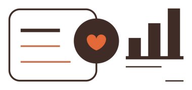 Metin panelleri ve çubuk grafiği birleştiren, analitik ve empatiyi birleştiren bir çemberin içindeki kalp. Veriler, duygular, sağlık, analitik, pazarlama, iş, katılım için ideal basit düz metafor