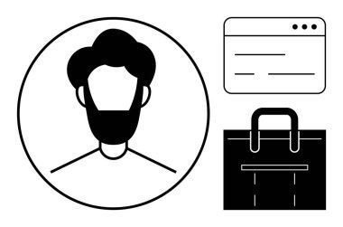 Sakallı, web arayüzü pencereli erkek kullanıcı profili dijital kimliği, iletişimi, markayı, perakendeciyi, e-ticareti, profil yönetim teknolojisini sembolize eden alışveriş çantası. En düşük düz tasarım