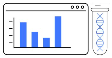 Test tüpündeki DNA ipliğinin yanındaki dijital arayüz üzerindeki çubuk çizelgesi analitik araştırmayı işaret ediyor. Bilim, teknoloji, sağlık, genetik, veri çalışması, araştırma stratejisi, basit düz metafor