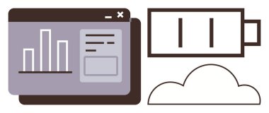 Veri tablolarına, bulut hesaplama simgesine ve pil şarj göstergesine sahip dijital gösterge paneli. Teknoloji, analitik, enerji, bulut hizmetleri, veri yönetimi ve sürdürülebilirlik için ideal. Basit düz