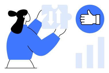 Yapboz parçalarını kaldıran kadın, yön okları, mavi başparmaklar ikonu ve bar çizelgesi. İşbirliği, takım çalışması, hedefler, problem çözme, strateji, karar verme sade iniş sayfası için ideal