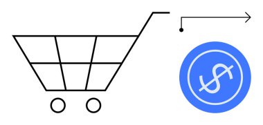 Alışveriş arabasının ana hatları bir çemberin içinde oklu bir dolar sembolünün yanında. E-ticaret, alışveriş, dijital ödeme, perakende, mali işlem, çevrimiçi hizmetler ve ekonomik büyüme için ideal