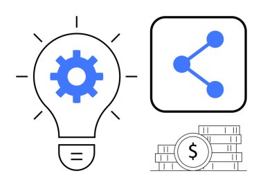 Yenilik için teçhizatlı ampul, ağ oluşturmak için ikon paylaşımı ve yatırım için bozuk para istifleme. Yenilik, takım çalışması, finans, iş büyümesi, teknoloji, fikir paylaşımı için ideal