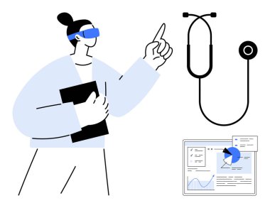 VR kulaklık takan, elinde tablet olan, veri tabloları ve stetoskopla etkileşime giren bir sağlık görevlisi. Sağlık, yenilik, sanal gerçeklik, tıbbi teknoloji, gelecekteki kavramlar için ideal