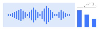 Bir çubuk grafiği ve bulut simgesi yanında ses dalgalarını temsil eden mavi ses dalgası. Teknoloji, müzik, analitik, iletişim, bulut hesaplama, ses işleme, fütürist tasarımlar için idealdir. Basit.