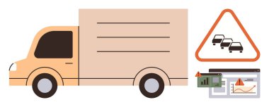 Teslimat kamyonu, trafik uyarısı işareti ve üzerinde grafikler ve uyarılar olan analitik gösterge panelinin yanında. Lojistik, ulaşım, veri analizi, trafik izleme, filo yönetimi, risk için ideal