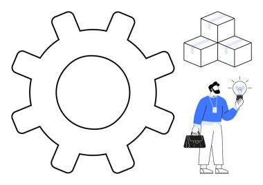 Dişlileri sembolize eden süreçler, yenilik için fikir ampulü tutan işadamları, lojistik için istiflenmiş kutular. İş için ideal, yenilik yönetimi, lojistik, iş akışı, verimlilik, planlama takım çalışması
