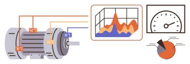 Endüstriyel motor ısı sensörlerine, performans grafiğine, hız göstergesine ve veri göstergesine bağlı. Mühendislik, işlemler, analitik, verimlilik, tanı izleme için ideal