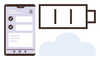 Akıllı telefon tamamlanmış görevleri kontrol işaretleri, boş pil simgesi ve aşağıda bulut ile görüntülüyor. Üretim için ideal, teknoloji, mobil uygulama, enerji, bulut depolama, iş-yaşam dengesi basit düz