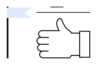 Minimalist bir bayrak simgesine bitişik bir jest. Temalar için ideal başparmak onay, başarı, tanınma, takım çalışması, pozitiflik, hedef belirleme veya basit bir iniş sayfası