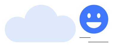 Işık bulutunun yanındaki mavi mutlu yüz arkadaşlığı, iyimserliği ve dijital bulut platformlarını sembolize ediyor. Pozitiflik, bulut hesaplama, iletişim, ağ oluşturma, eğlence temaları basit mesajlar için idealdir