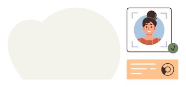 Yüz tanıma sistemindeki kadın portresi, yeşil onay işareti, veri kartı ve soyut bulut. Kimlik doğrulama, güvenlik, teknoloji, veri gizliliği, kimlik doğrulaması için ideal