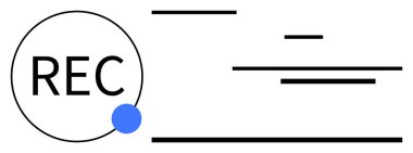 Siyah yatay çizgilerle tamamlanmış REC metin ve mavi nokta göstergesiyle daire çiz. Medya, kayıt, yayın, UI tasarımı, modern teknoloji, yaratıcılık, dijital uygulamalar için ideal basit