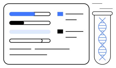 Araştırma, genetik, analiz, hassas tıp, biyoteknoloji, sağlık hizmetleri yeniliği için test tüpündeki DNA sarmalları, metin satırları ve grafik elementlerle birlikte. Basit bir daire için ideal