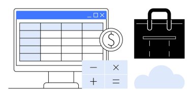 İş görevleri için hesap tablosu, hesap makinesi simgeleri, bulut ve evrak çantası olan bilgisayar ekranı. Finansal planlama, muhasebe, bulut hesaplama, bütçe, veri yönetimi iş araçları için ideal