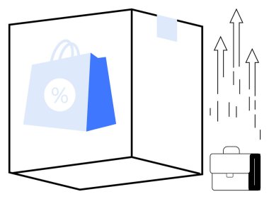İçinde indirim tabelası olan alışveriş torbası büyümeyi simgeleyen oklar ve bavul. Satışlar, perakende satış, iş büyümesi, online alışveriş, ticaret stratejisi başarısı için ideal. Basit düz metafor