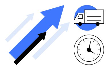 İlerleme için yükselen oklar, lojistik için dağıtım kamyonu ve zamanlama için saat. Büyüme, verimlilik, lojistik, ulaşım, iş stratejisi zaman yönetimi ve ilerleme temaları için idealdir. Temiz