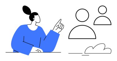 Tartışmada parmağını kaldıran bir kadın, insanları temsil eden ikonlara bakıyor. Takım çalışması, liderlik, karar verme, eğitim, işbirliği, akıl hocalığı için ideal. Basit düz